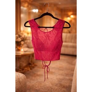 Anthropologie Raspberry Pink Sequin Lace Tie Back Top NWT XL Sheer Coquette Chic